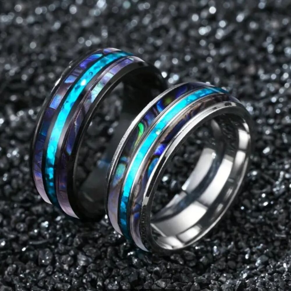 NWT Size 11 No Tarnish Abalone Ring/ Wedding Band in Black for Men Gift Idea
